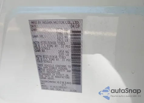 2019 Nissan Pathfinder Sv z USA, uszkodzony, nr VIN 5N1DR2MN9KC628340